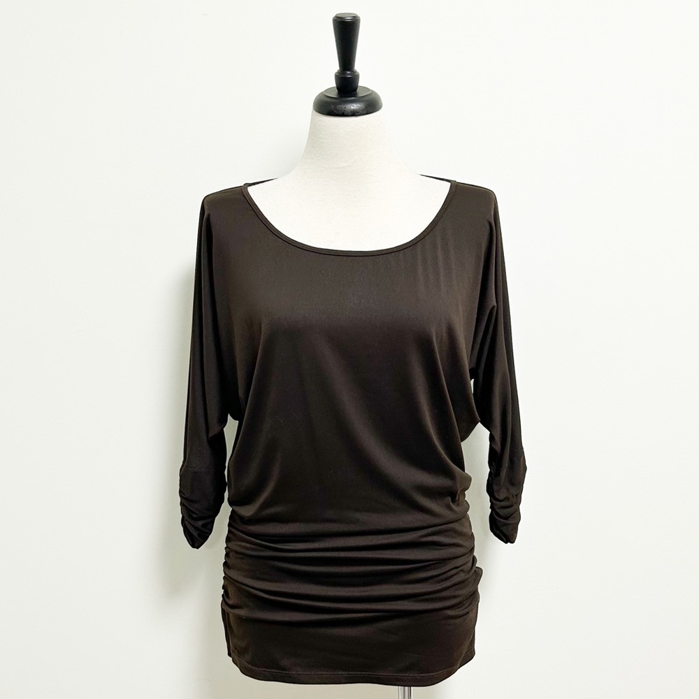 Susana Monaco Brown Gathered Ruching 3/4 Dolman Sleeve Scoop Neck Dress Medium